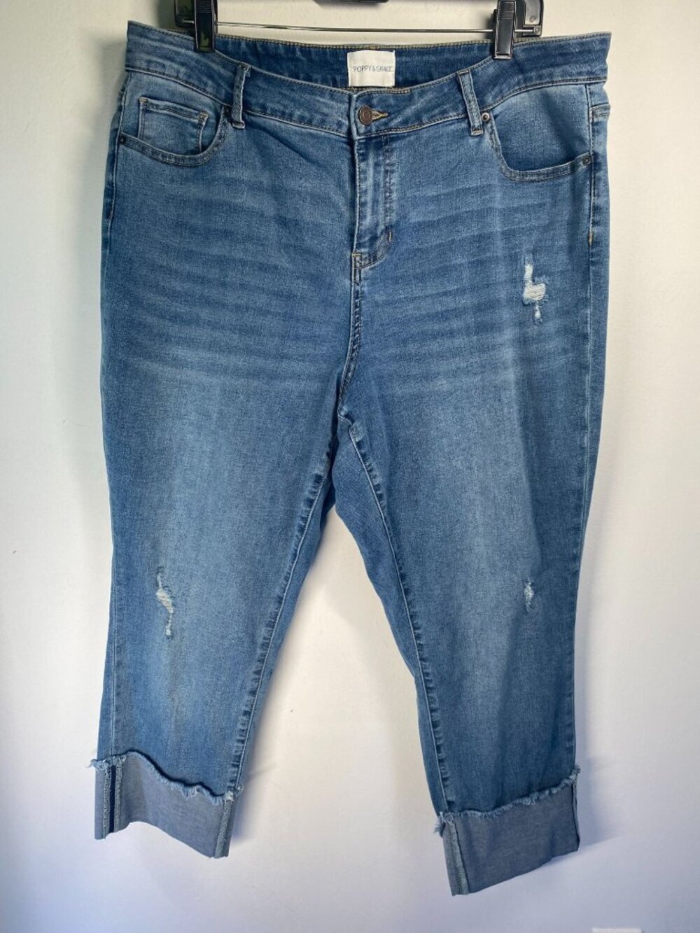 Poppy & Grace Womens Distressed Cuffed Blue Denim Jeans Size 18W Relaxed Fit